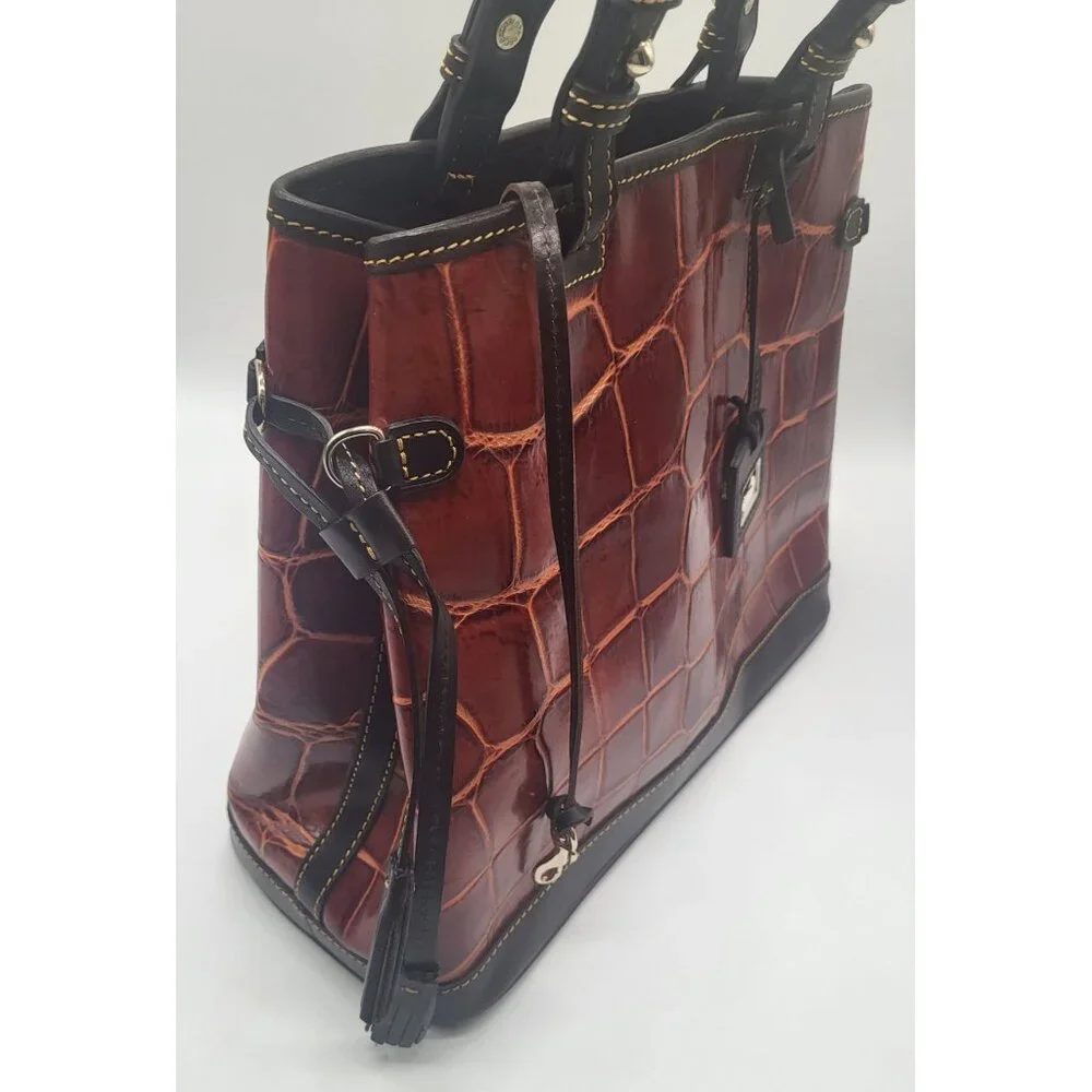 Dooney & Bourke Croco Embossed Leather Double Strap Tassel Bag Cognac - Picture 14 of 15
